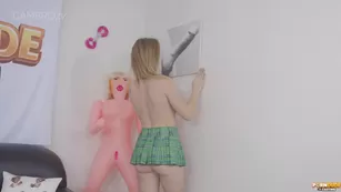 Gorgeous blonde babe Danielle Peart rubs her shaved cunt during casting